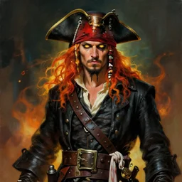 a pirate with golden eyes, black coat and flaming hair, painting by greg rutkowski, trending on artstation concept art