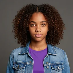 professional portrait of hazel levesque, a dark skinned fourteen year old black girl with curly brown hair and amber eyes, wearing a purple shirt and jean jacket, powerful, daughter of pluto, art by loish, stanley lau, greg rutkowski, annie leibovitz