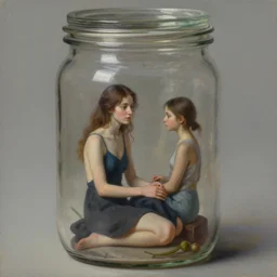 a tiny realistic proportioned woman sitting down inside a jar. beautiful detailed painting by artgerm and magali villanueve and michael whelan