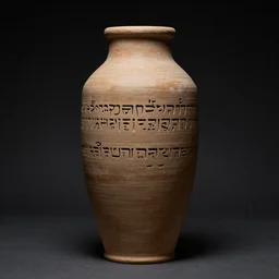 a full realistic photo of a tall and thin cylindrical clay dead sea scroll jar with two sentences of nabatean aramaic, dark, brooding, atmospheric, volume lighting