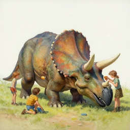 kids playing around a sleeping triceratops, gouache painting by james gurney, very detailed, 4 k, high quality
