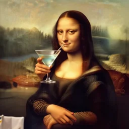 a photorealistic photograph of Mona Lisa drinking a martini at sunset Trending on Artstation, featured on Behance, well-rendered, Unreal Engine, 4K HD