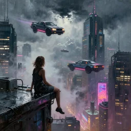 a girl on a ledge up above futuristic new york city below, cyberpunk, fog, neon lights, blade runner, flying cars, storm clouds, rain, oil painting, by george bellows