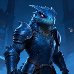 portrait of an antropomorphic raptor knight, reptile face, dark blue scales, angry look, ready for battle, mattepainting concept blizzard pixar maya engine on cold night stylized background splash comics global illumination lighting artstation lois van baarle, ilya kuvshinov, rossdraws
