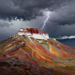 tibetan temple on the slopes of the colored volcano of iceland during thunderstorm. painting by rob gonsalves, john martin