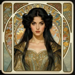 centered passport portrait, Maya Ali as a D&D sorcerer, black hair, intricate robes, Art Nouveau, beautiful retro Fantasy heroine 1985, intricate, elegant, highly detailed, centered, digital painting, trending on artstation, concept art, smooth, sharp focus, illustration, art by Mucha, Ilya Kuvshinov, WLOP