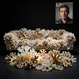 realistic product photo of a living room covered in shriveling dead semi - translucent iridescent coral reef, emitting aura, the room is designed by dieter rams, pure black background, spotlight shining on mans face, 1 9 6 0, life magazine photo, natural colors, metropolitan museum, kodak, 8 k, very detailed, high resolution, product photo,