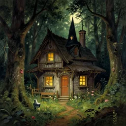 witch cottage in the forest, art by norman rockwell and donato giancola and greg rutkowski, vintage scifi art, moody lighting, volumetric lighting
