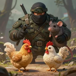 army of tiny chickens vs 1 giant ninja rat, digital painting, artstation, hd, 4 k