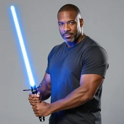 steve harvey holding lightsaber, realistic