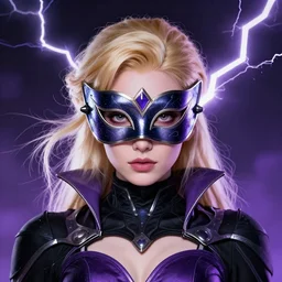 character concept portrait, symmetrical head-on centralized, Stargirl, mask, blond, black and violet costume. Detailed, high quality, dynamic lightning, fantasy. Artwork by Artgerm, WLOP, Alex Ross, Greg Rutknowski, Alphonse Mucha