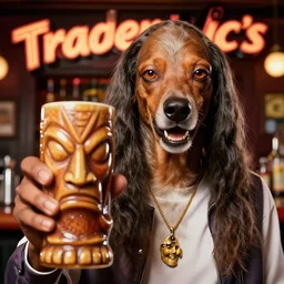 a closeup photorealistic photograph of happy snoop dogg at trader vic's bar presenting a trader vic's tiki mug that features the face of snoop dogg. brightly lit scene. this 4 k hd image is trending on artstation, featured on behance, well - rendered, extra crisp, features intricate detail, epic composition and the style of unreal engine.