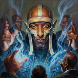 beautiful lifelike painting of mf doom controlling all your world leaders with the power of magnetic waves, hyperreal detailed facial features and uv lighting, art by ed roth and basil wolverton
