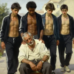 tired old man with scanty clothing is supported by tired young black and arab commuters wearing tracksuits without tshirts in summer afternoon, painting by boris vallejo and gustave courbet, peter mohrbacher, joseph christian leyendecker, william adolphe bouguereau, nice afternoon lighting, smooth tiny details, soft and clear shadows, low contrast, perfect