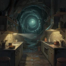naive nerikomi, weird perspective, extra narrow, detailed illustration of a kitchen dim lit by flashlight in a scenic spiral environment by anton fadeev, trending artstation, sci - fi art
