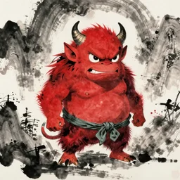 cute japanese little red ogre, naita aka oni, masterful, detailed. vivid bright colors, artstation, sumi e, traditional japanese painting, watercolor, studio ghibli