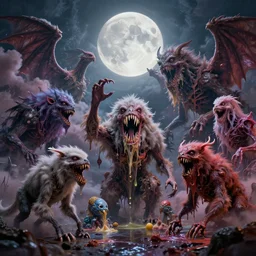hybrid of all animals, mythical monsters, lovecraftian, lots of teeth, melting horror, fluffy feathers, round moon, rich clouds, fighting the horrors of the unknown philosophy, acid, dmt, lsd, high resolution, very detailed, colorful