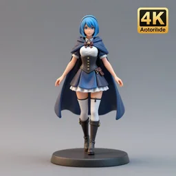 80mm resin detailed miniature of a female alchemist with short blue hair wearing a short dress, white stockings, leather boots and cape, Product Introduction Photos, 4K, Full body