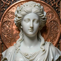 face centered portrait, artwork by james jean, hyperdetailed realistic smooth polished porcelain, beautiful roman queen, jean delville, art nouveau, gustav klimt, ornate copper patina gothic icon, james jean, ultrasharp hyperdetailed photorealistic octane render