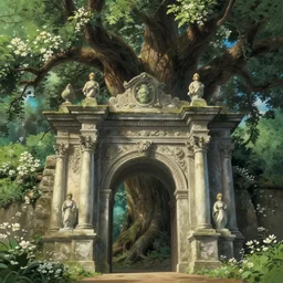 prominent city gate growing out of a mighty oak forest surrounded by white flowers, beautiful architecture, statues, highly detailed carvings, atmosphere, dramatic lighting, epic composition, close up, low angle, octaoctane render, by miyazaki, nausicaa ghibli