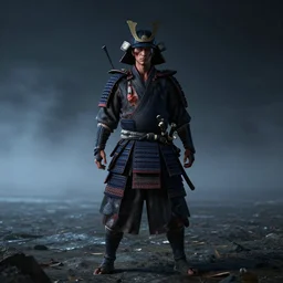 octane render of a wounded samurai on a foggy beach at night after a battle
