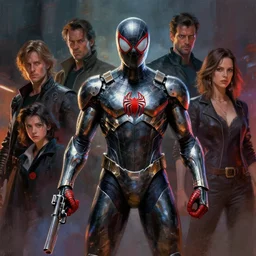 spiderman wearing metal gear armor holding gun dramatic lighting art by brandon anschultz by yoji shinkawa by richard schmid by greg rutkowski by sandra chevrier by jeremy lipking cinematic dramatic brush strokes background