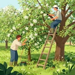 editorial illustration portrait of a people working in a apple orchard, flowers, lush overgrowth, ladder against tree, mads berg, christopher balaskas, victo ngai, rich grainy texture, detailed, dynamic composition, colorful, wide angle, kurzgesagt, matte print, screen print, ( ( dither ) )