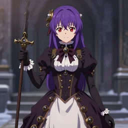 demi rose as a very beautiful anime woman, purple hair, red eyes, weapon, steampunk, symmetrical face, symmetrical eyes, full round face, short smile, wearing full clothing in full clothing victorian dress, winter setting, cinematic lighting, medium shot, mid - shot, makoto shinkai, artgerm, ilya kuvshinov, loish