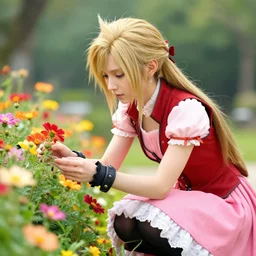 aerith gainsborough of final fantasy 7 picking flowers, red vest over pink dress