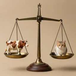 set of balance scales with weights, libra symbol, one cow in the left and one cat in the right dish