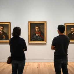 figures in an art gallery, looking at figures in an art gallery, looking at figures in an art gallery, looking at figures in an art gallery, looking at figures in an art gallery, looking at figures in an art gallery, looking at figures in an art gallery, photorealistic, 3 5 mm lens w 1 0 2 4 h 7 6 8,