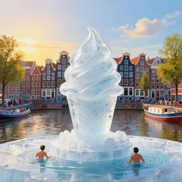 a painting of a ice sculpture made of melting icecream in the shape of the skyline of amsterdam canals with boats and amsterdam houses on a very sunny bright summer sunset day, very hot and the ice is melting fast and people are swimming in the icecream in the style of james jean and fernando botero