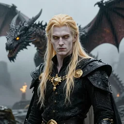 a realistic detail portrait of a beautiful johan liebert and his evil alter ego alucard in middle earth, long blond hair, very very very light pale white skin, glowing eyes, clear composition, beautiful long blond hair, raining, mist, magic, dragon, goth by Julian calle, wlop, greg rutkowski, Finnian MacManus, Trending on artstation, black  and yellow scheme, 8k, RE Engine