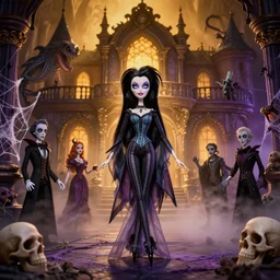 portrait of creepy seductive gothic disney whimsical varga elvira barbie dolls with black hair standing in a ornate haunted mansion during a seance, kraken, skulls, spider webs, glamour pose, guillermo del toro, hp lovecraft, alphonse mucha, wes anderson, volumetric lighting, mist, golden hour, ilya kuvshinov, wes craven, greg rutkowski,