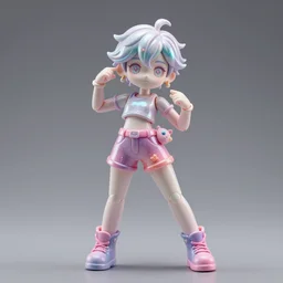 james jean isolated vinyl figure cheerful tomboy, expert figure photography, dynamic pose, interesting color palette material effects, glitter accents on figure, anime stylized, accurate fictional proportions, high delicate defined details, holographic undertones, ethereal lighting, editorial awarded