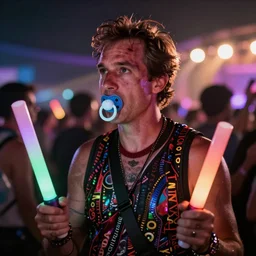 stephen colbert at a rave, with a pacifier and glow sticks