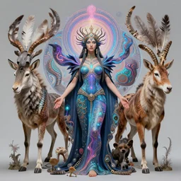 3 d goddess of oracular symbiosis wide angle portrait with animal totems of all kinds. feather, scale, skin and fur. ecodelic symbiogenesis, polyphonic communication, pulse projections, shipibo patterns, plasma, creature, artwork by tooth wu and android jones wlop and android jones and beeple and greg rutkowski
