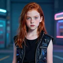 photo of a ten year old girl in cyberpunk fashion by lilia alvarado, red hair, freckles