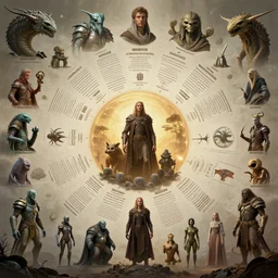 detailed infographic poster, center aligned, depicting humanity's stats, abilities and popularity with various extraterrestrial cultures, in the style of wlop, illustration, epic, fantasy, hyper detailed, smooth, unreal engine, sharp focus, ray tracing
