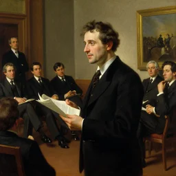an attractive man reciting poetry to a room full of businessmen, painting by gaston bussiere, craig mullins, j. c. leyendecker