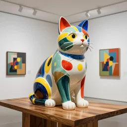 beautiful gallery show studio photograph of a giant colorful ceramic sculpture of a chonky cat, glazed by bridget riley and victor vasarely, placed on a polished wooden table, hyperrealism 8 k trending on artstation