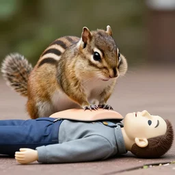 fat chipmunk giving cpr to a crash test dummy