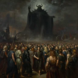 a painting of a large crowd of people going to worship the dark lord, a detailed matte painting by chris rahn and gustave dore, featured on cgsociety, fantasy art, apocalypse art, apocalypse landscape, matte painting, soft lighting