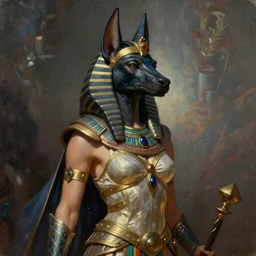 full portrait of a beautiful female Anubis warrior, Mystical Valkyrie, Regal, Realistic, Refined, Detailed Digital Art, Oil Painting, William-Adolphe Bouguereau, Art Frahm, Steampunk, Walt Disney (1937), WLOP, Rossdraws, frank frazetta, dynamic lighting, daily deviation, very very very very very beautiful, character illustration by Greg Rutkowski, Thomas Kinkade, trending on artstation, Highly Detailed, Cinematic Lighting, Unreal Engine, 8k, HD
