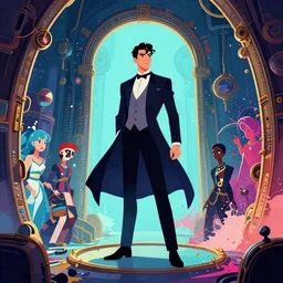 arrogant elegant man travels through time via steampunk portals, pixiv fanbox, dramatic lighting, maximalist cold!!!!!!!!!!!! color palette, splatter paint, pixar and disney exploded - view drawing, graphic novel by fiona staples and dustin nguyen, peter elson, alan bean, wangechi mutu, clean cel shaded vector art, trending on art
