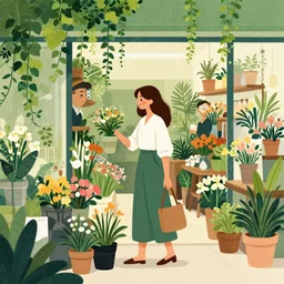 editorial illustration portrait of a woman shopping in a florist shop interior foliage overgrowth, ivy, flowers, mads berg, christopher balaskas, victo ngai, rich grainy texture, detailed, dynamic composition, colorful, wide angle, unreal engine, kurzgesagt, matte print, screen print, ( ( dither ) )