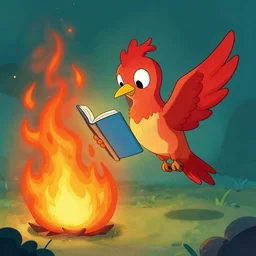 cartoon phoenix hummingbird reads a book while on fire