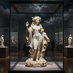 marble sculpture of an illythid in glass case inside a museum surrounded by an ominous dark cloud, hd, 4 k, photorealistic, atmospheric light, intricate details