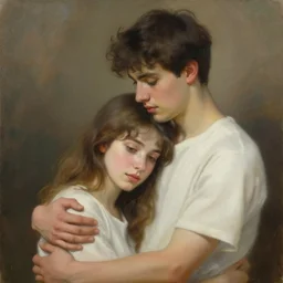 a painting portraying a young man gently hugging a young woman
