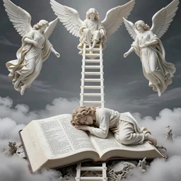 intricate details of bible character jacob sleeping dreaming a ladder from earth to heaven with angels going up and down, hyper realistic, ultra detail, octane render, cinematic, vivid, vibrant color palette, artstation